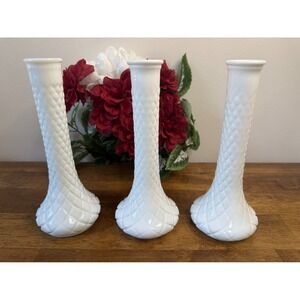 Hoosier Glass Milk Glass Vases Quilted Diamond‎ Pattern Vintage White Wedding
